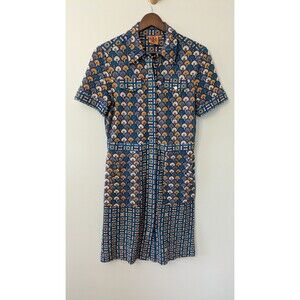 Tory Burch Shirt Dress Silk Cotton Button Up Geometric Lightweight Retro Small